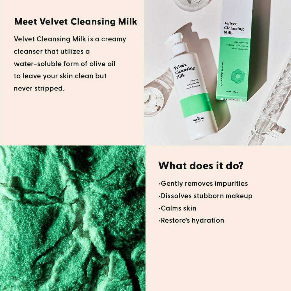 Stratia Velvet Cleansing Milk, aplicación y masaje suaves para retirar maquillaje con delicadeza.
