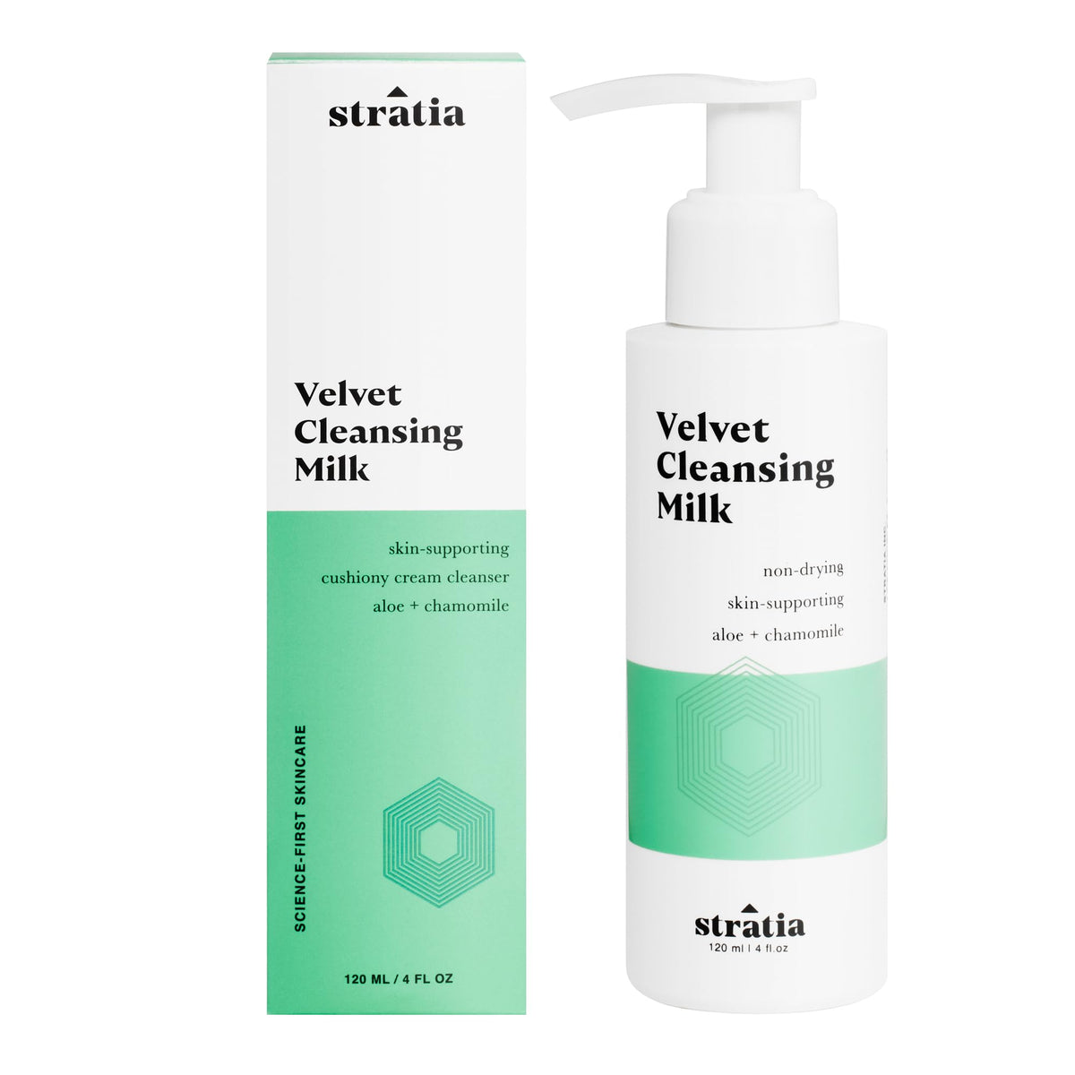 Stratia Velvet Cleansing Milk, envase, limpieza suave para rostro sin irritación.