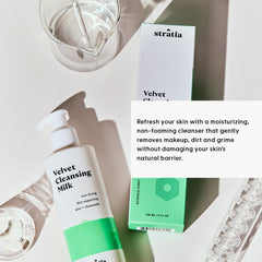Stratia Velvet Cleansing Milk, ingredientes clave que cuidan la piel durante la limpieza.