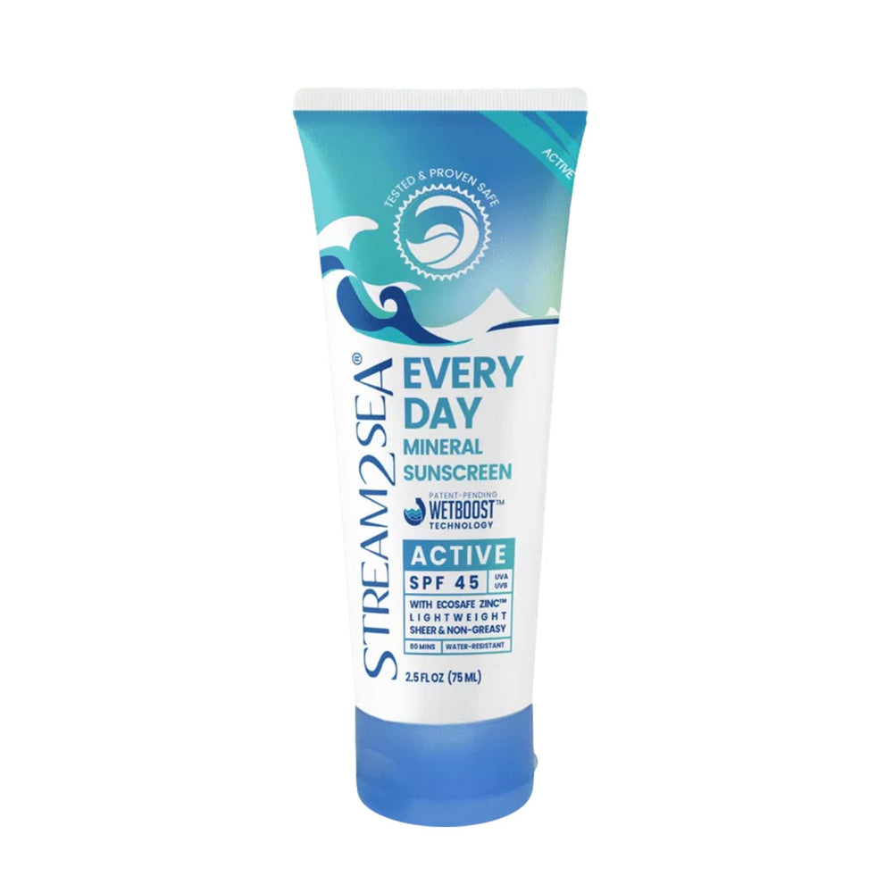 STREAM 2 SEA protege con mineral SPF45 para uso diario en rostro y cuerpo.