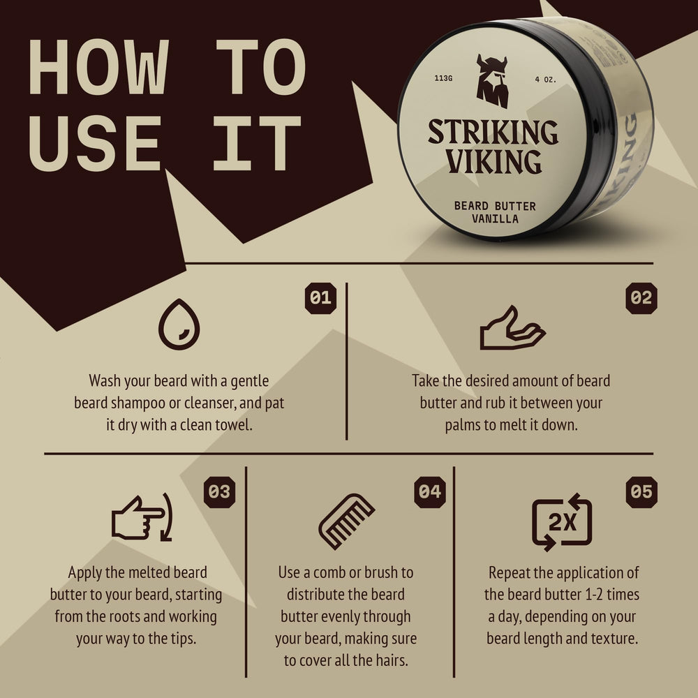 Aplicación de Striking Viking Beard Butter en la barba para control diario