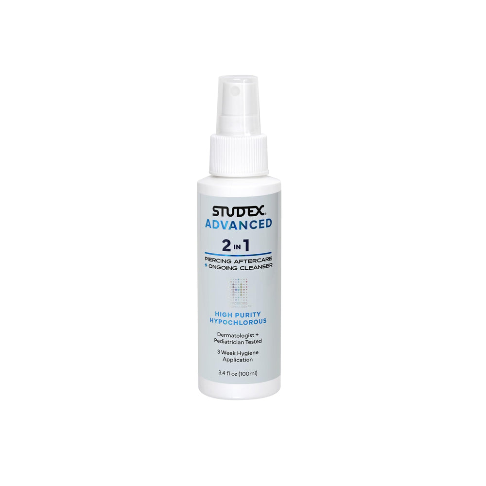 Studex avanzado 2-en-1: botella de spray para higiene de perforaciones.