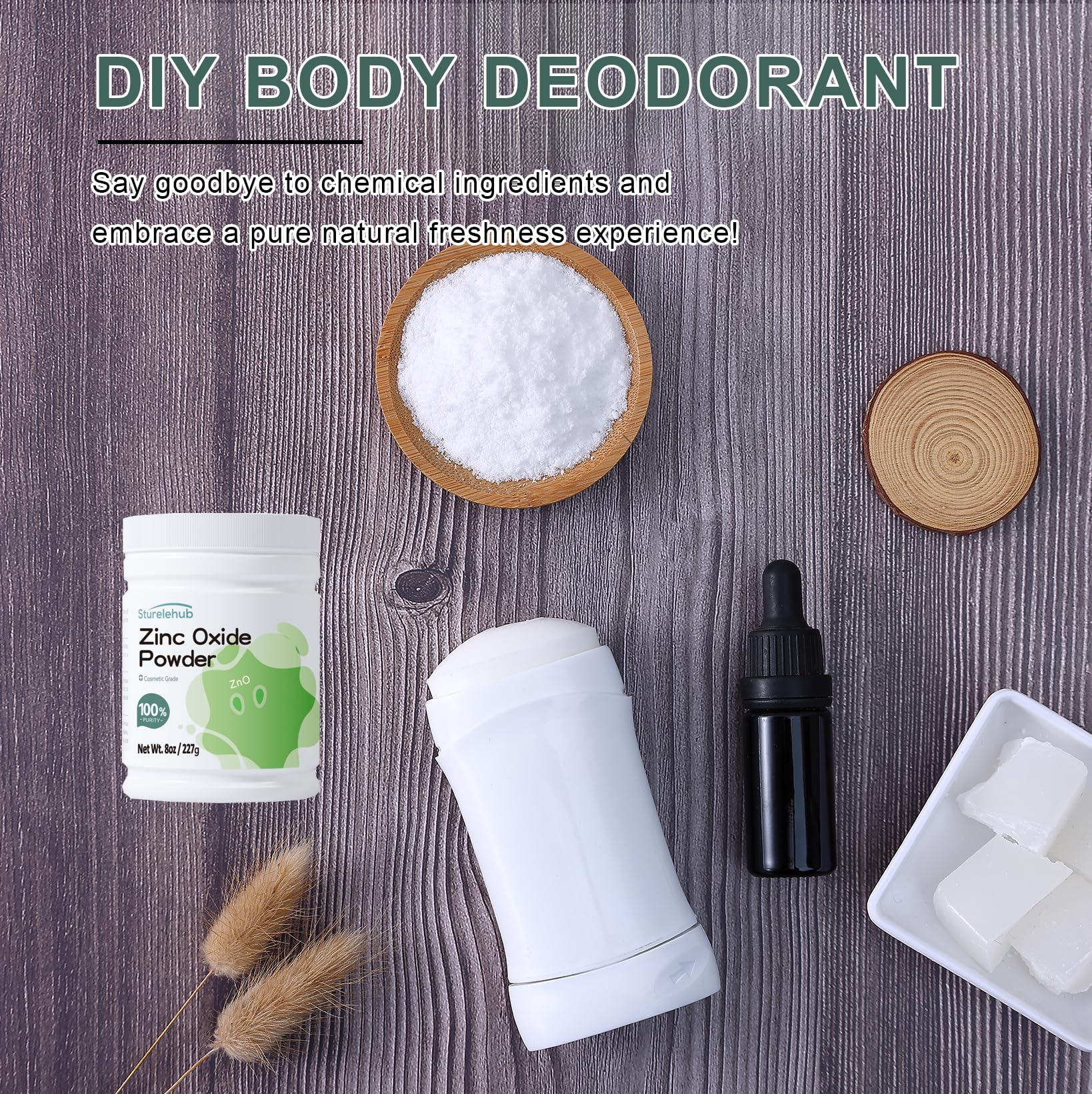 Usos cosméticos múltiples con Sturelehub: desodorante, polvo corporal y cremas.