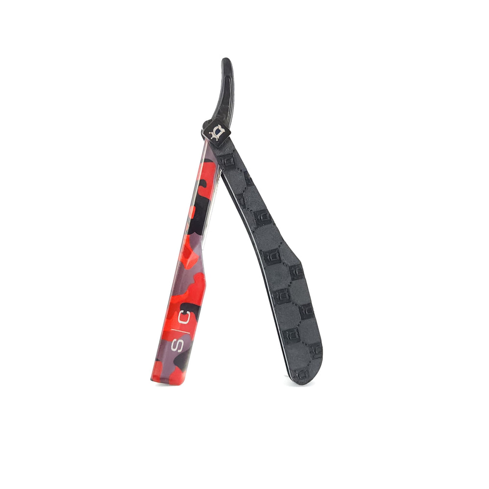 StyleCraft navaja barbero camo rojo sin hoja, ideal para pruebas de afeitado.