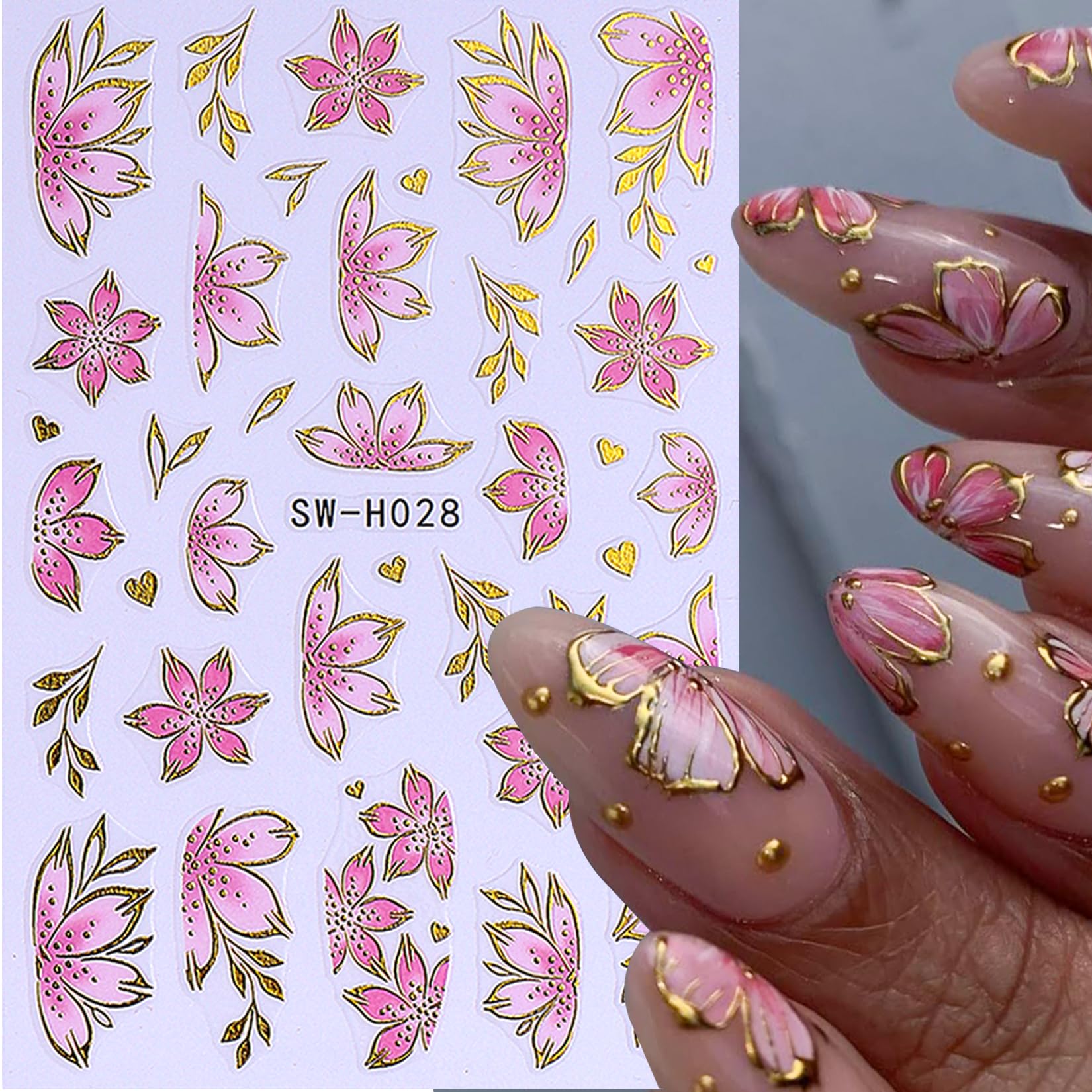 STZPRONAIL flor cerezo con borde dorado para aspecto elegante.