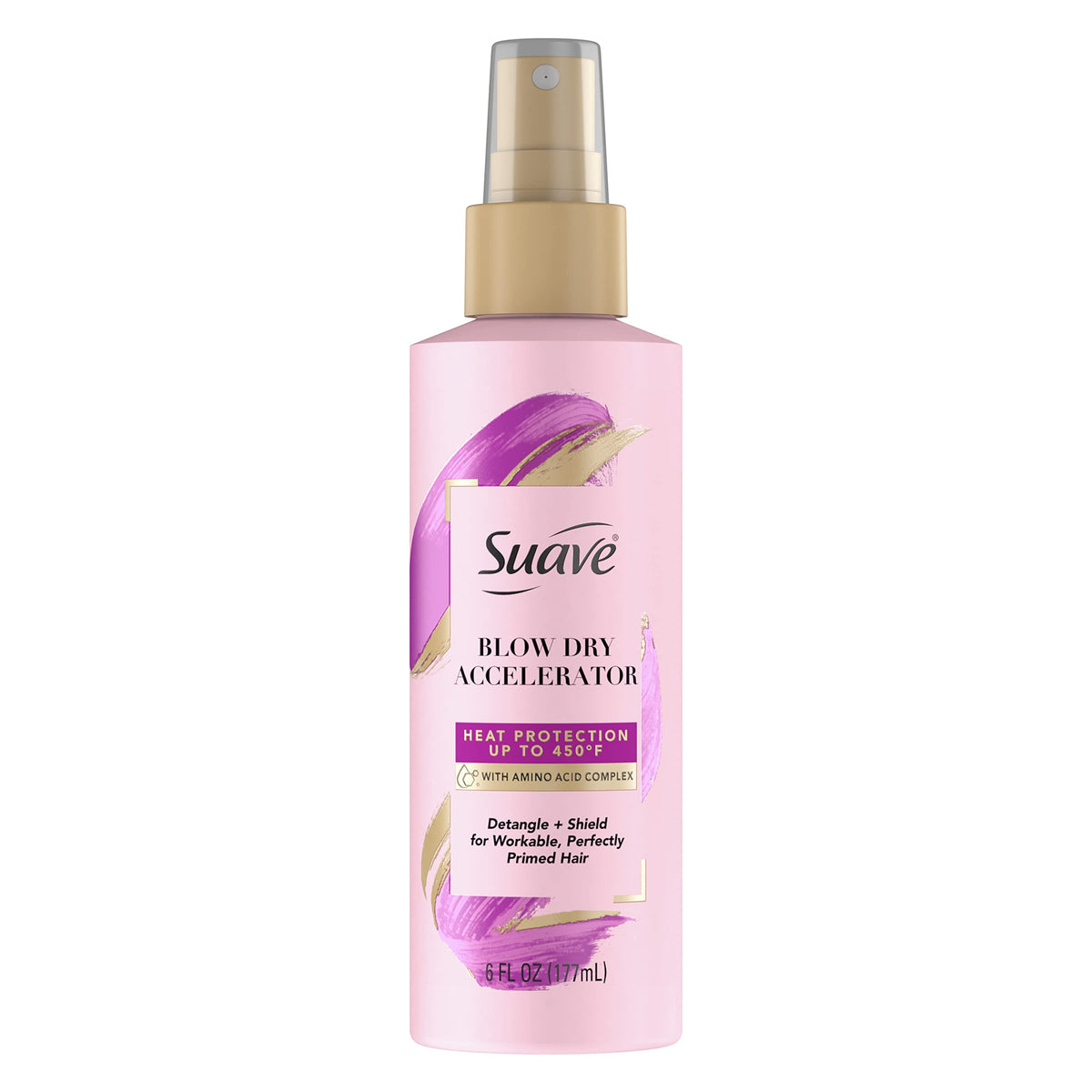 Suave acelerador de secado en botella rosa para un peinado más rápido.