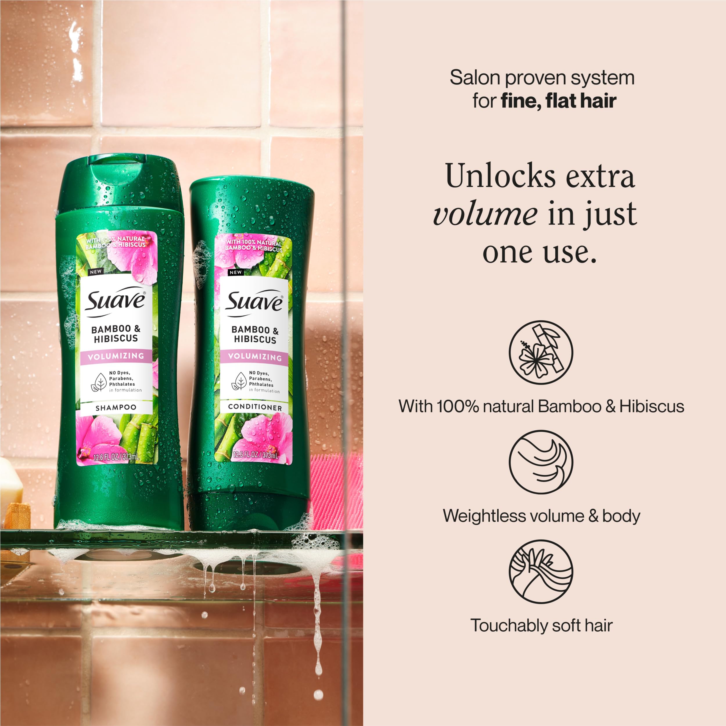 Champú Suave Bamboo & Hibiscus con bambú natural para mayor cuerpo.