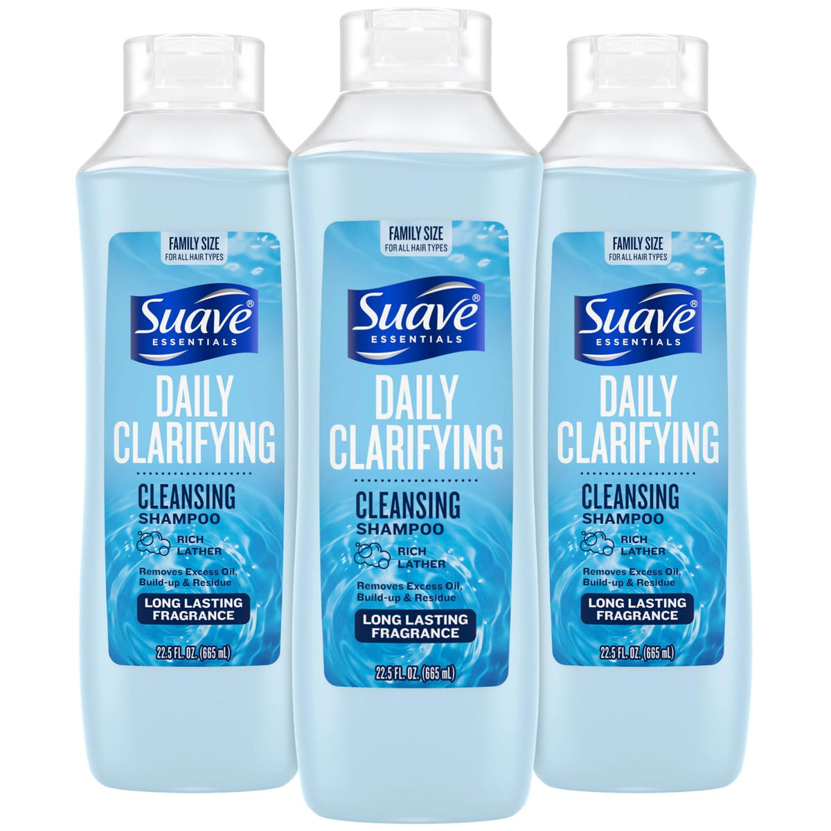Suave champú clarificante, bote lleno, mejora limpieza diaria y deja cabello sin residuos.