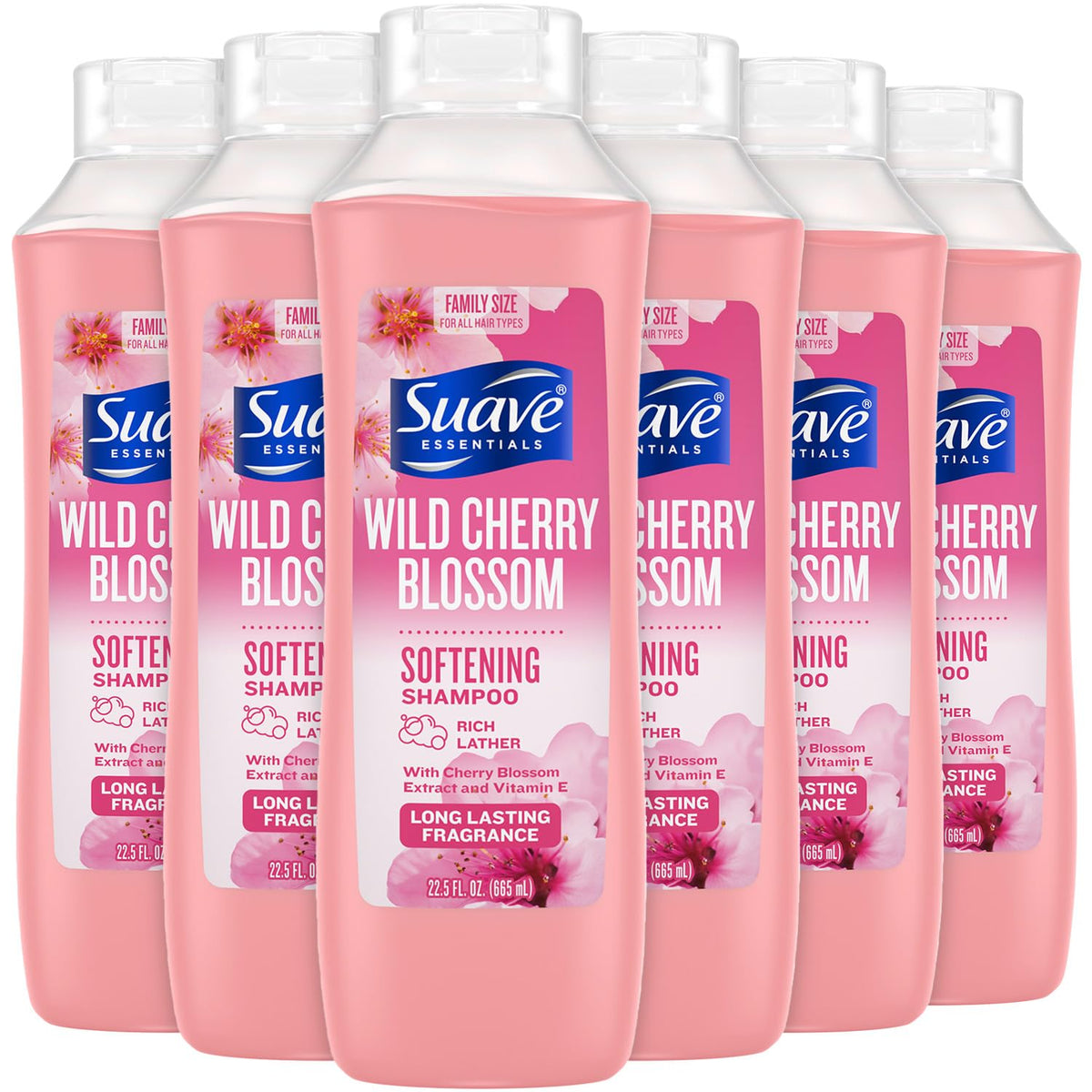 Champú Suave con flor de cerezo silvestre en botella, aroma agradable para cabello suave.
