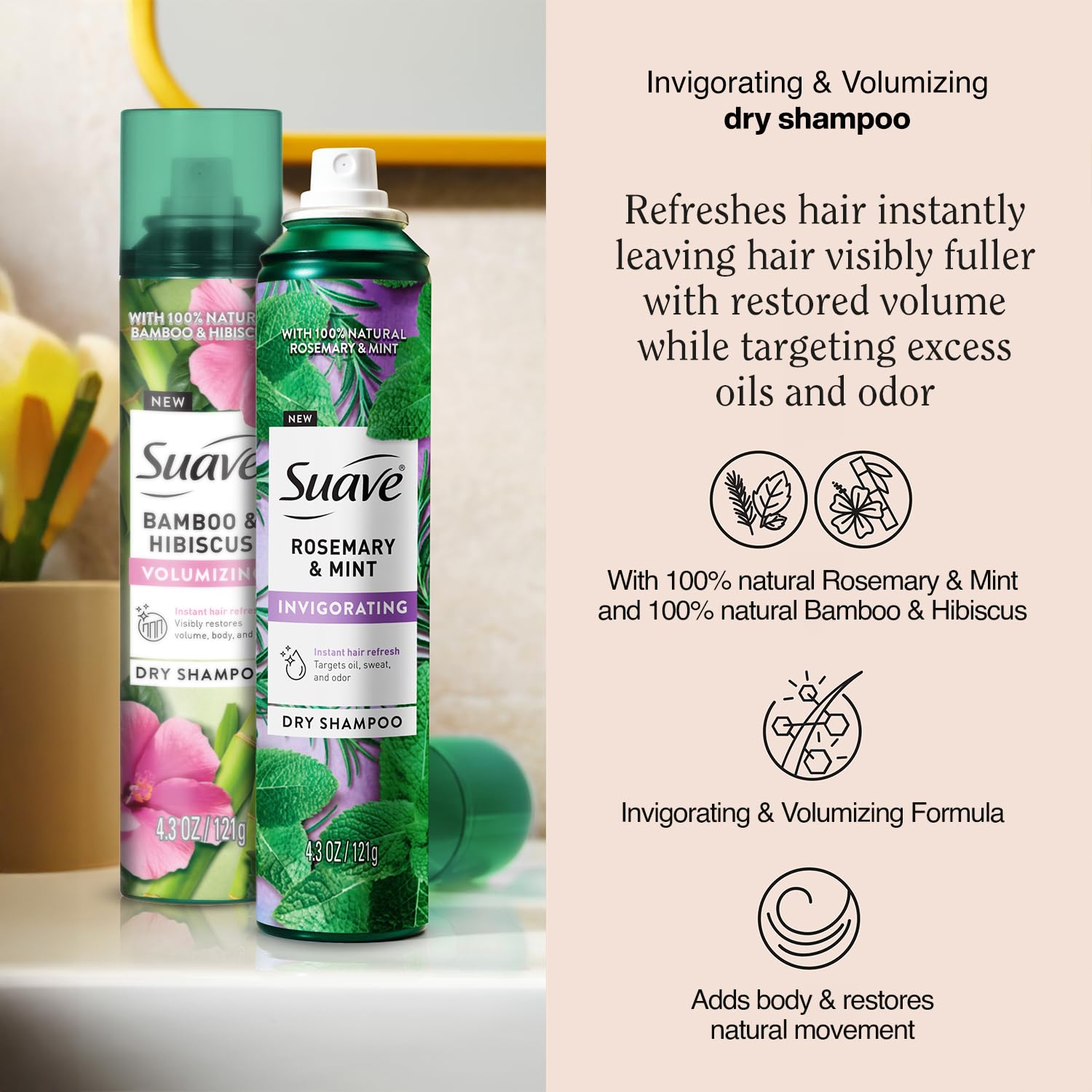 Suave champú en seco Bambú e Hibisco: volumen ligero sin pesadez.