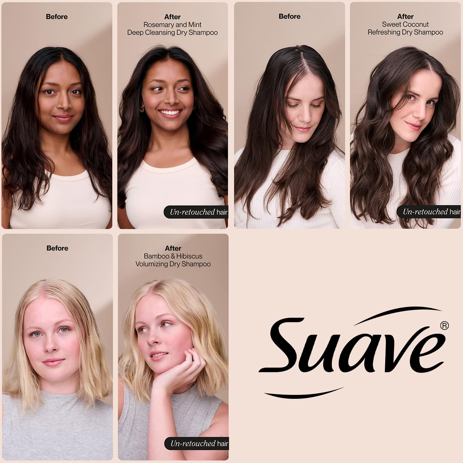 Suave champú seco Coco: botella para cabello fresco y ligero.