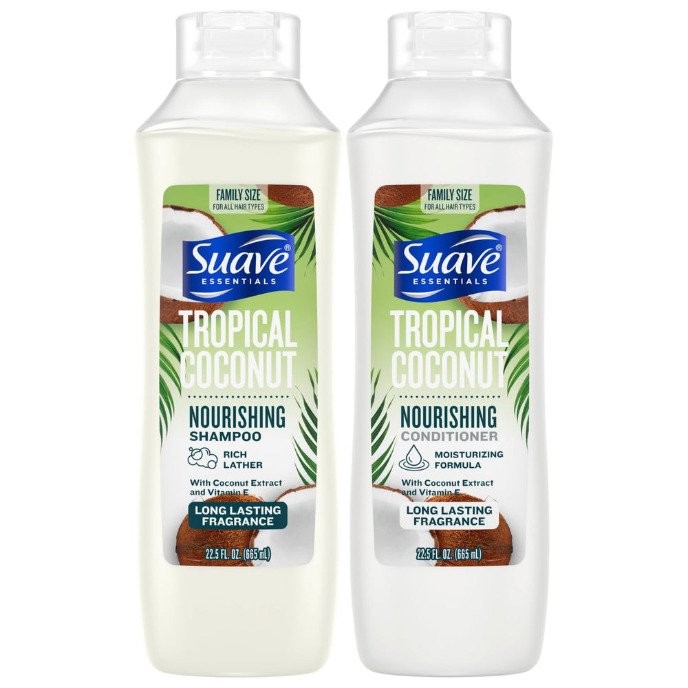 Suave Champú Tropical Coco, botella visible; hidrata suavemente el cabello durante la ducha.