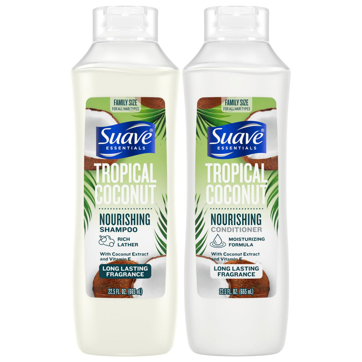 Suave Champú Tropical Coco, botella visible; hidrata suavemente el cabello durante la ducha.