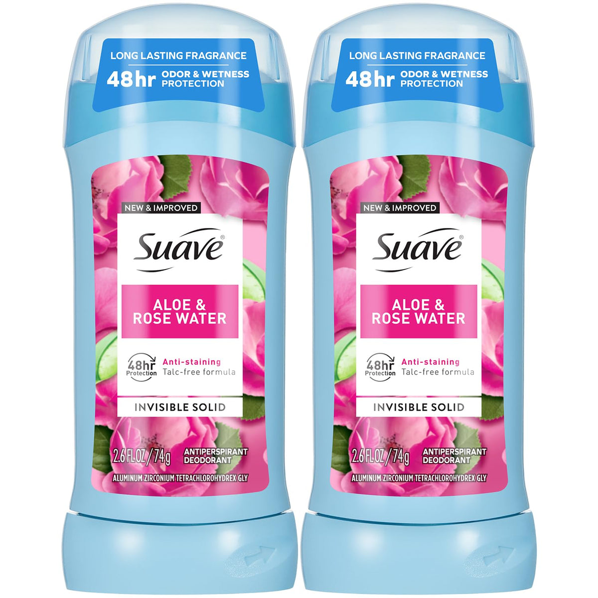 Suave Desodorante para Mujeres Aloe y Rosas, barra invisible que evita manchas y dura todo el día.