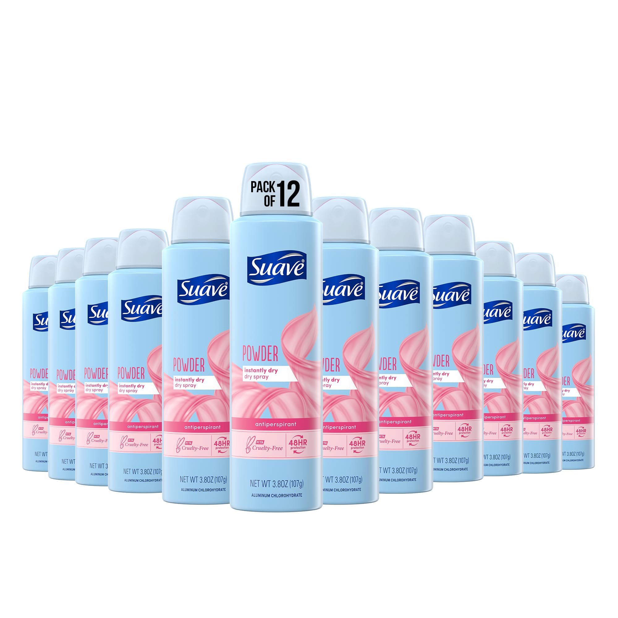 Suave desodorante seco en aerosol muestra protección de 48 horas para axilas.