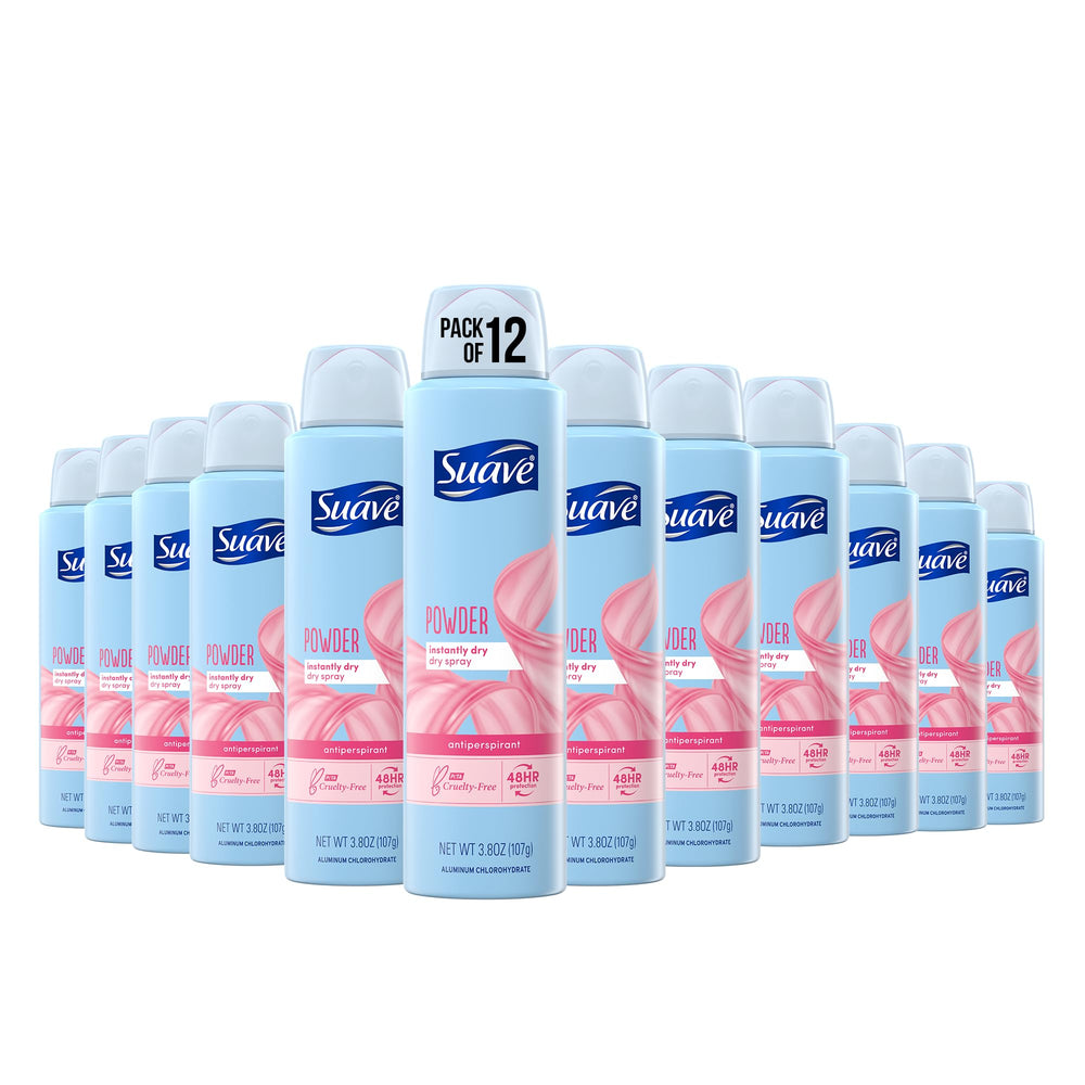 Suave desodorante seco en aerosol muestra protección de 48 horas para axilas.