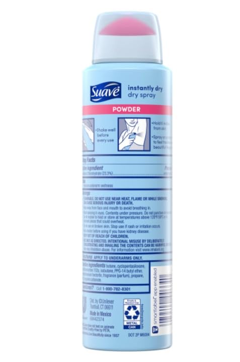 Suave desodorante seco en aerosol con fragancia polvo fresco para uso diario.