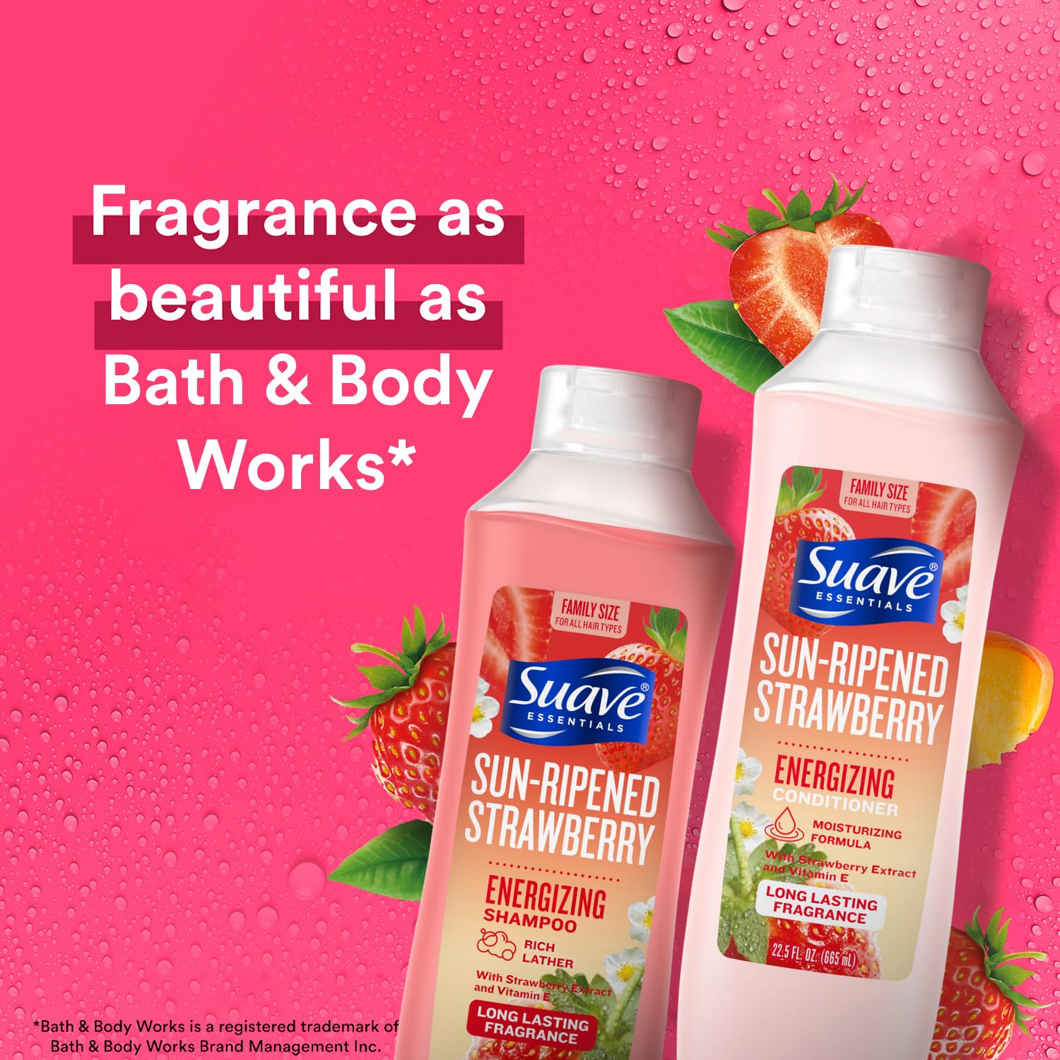 Suave acondicionador energizante con fresa en botella, cabello suave.
