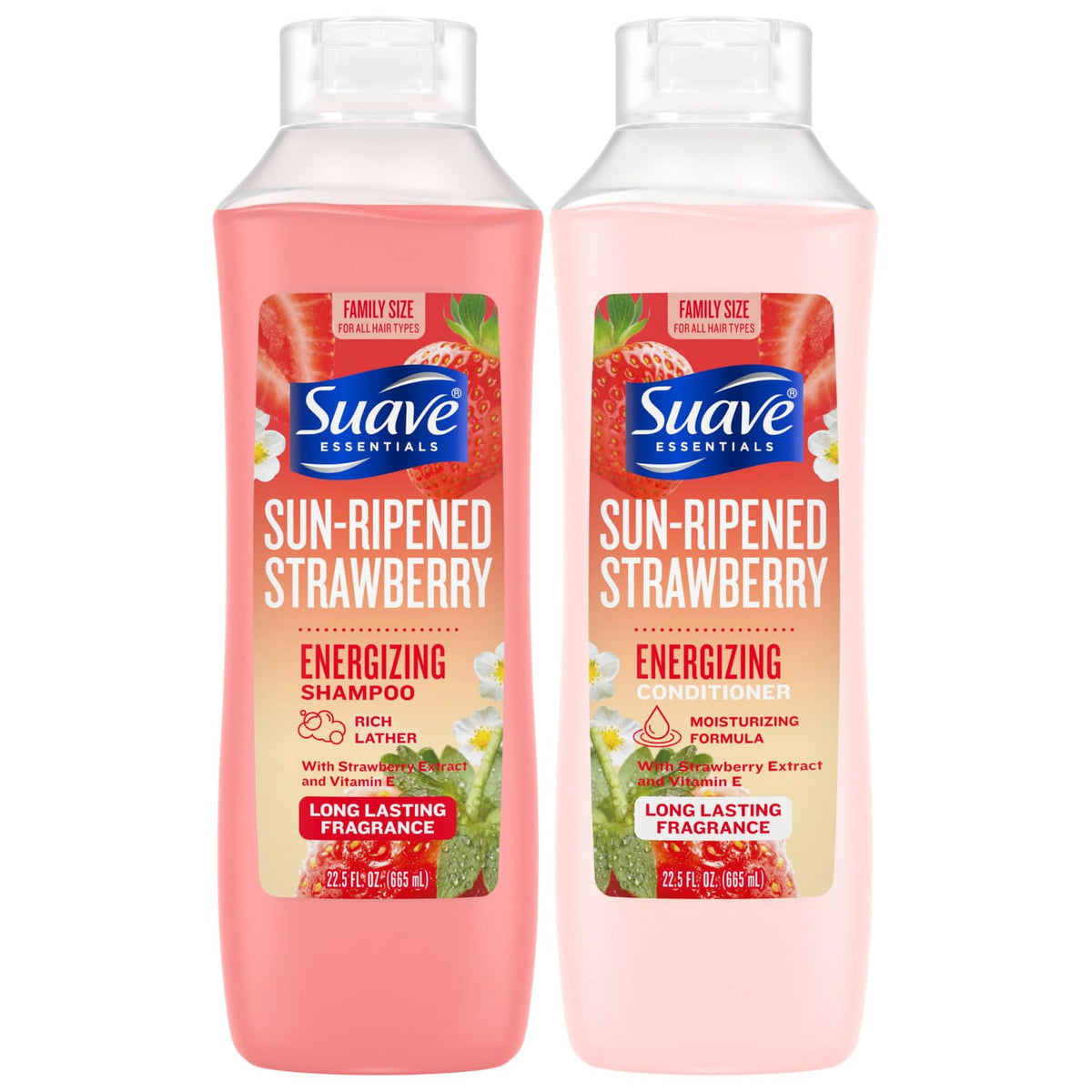 Suave champú energizante con fresa en botella, brillo y limpieza.