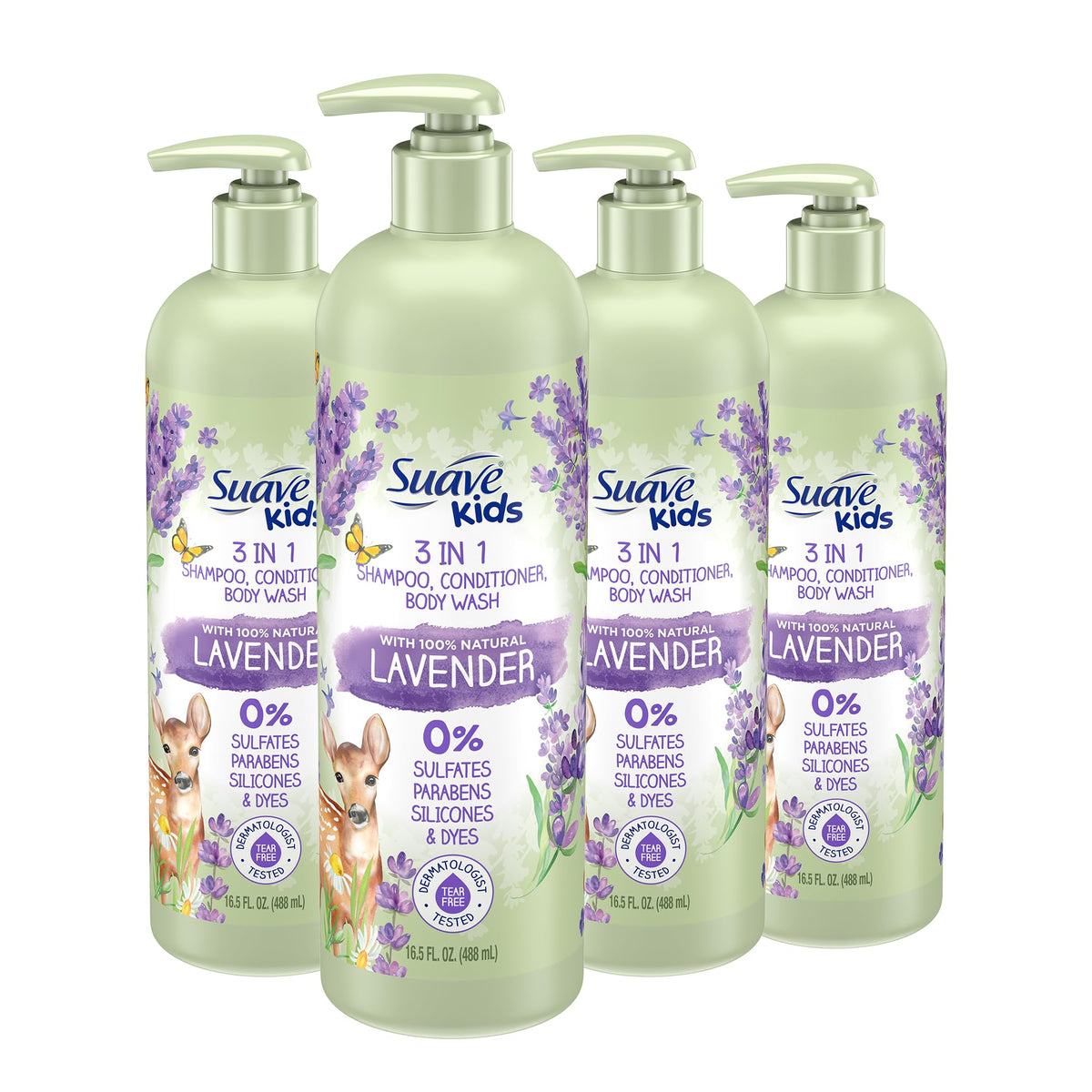 Suave Kids Lavanda Natural 3en1, botella, aroma suave para baño relajante.