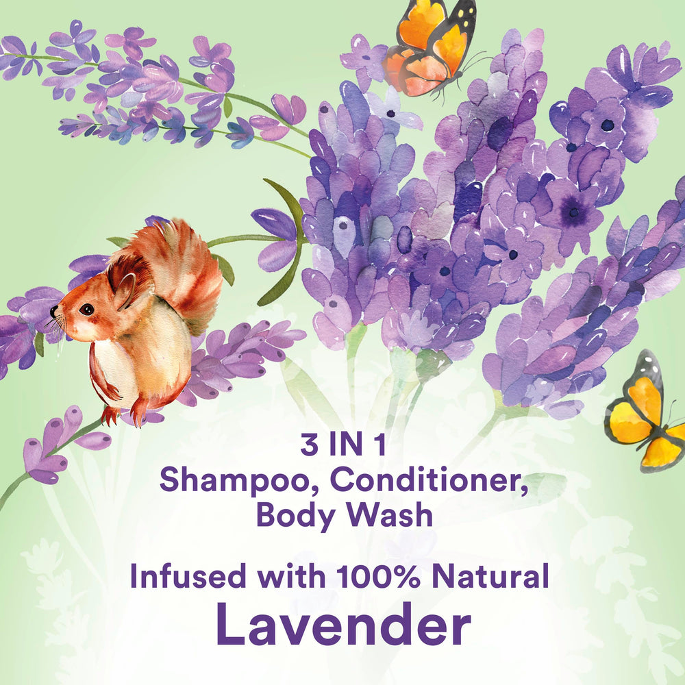 Suave Kids Lavanda Natural aplicando espuma suave para cabello y piel.