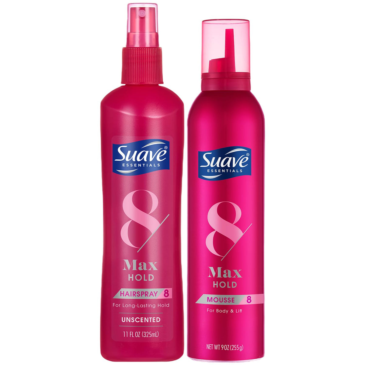 Suave laca fijación máxima sin perfume para peinado duradero.