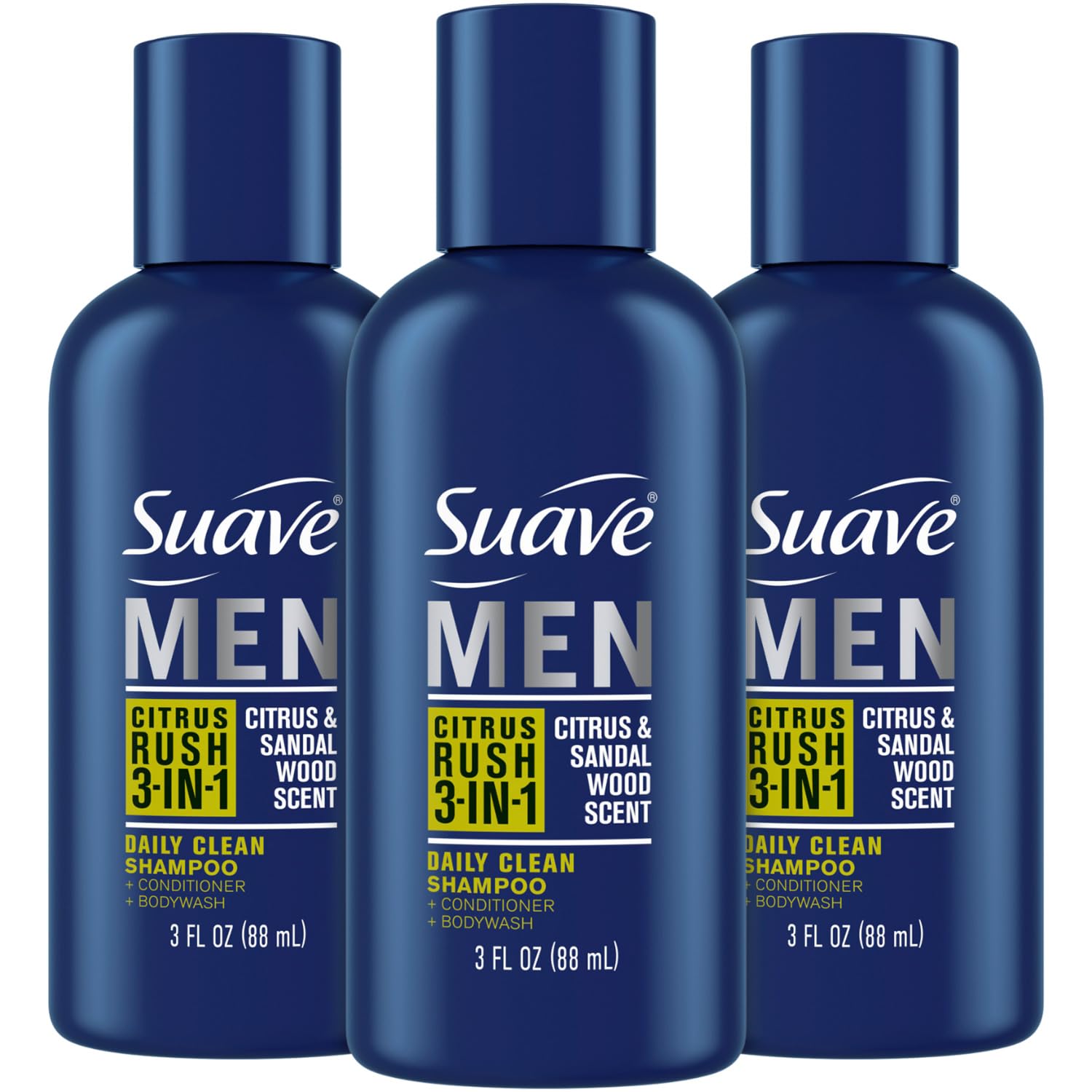 Suave Men Citrus Rush 3-in-1 bottle ready for on-the-go cleansing and conditioning.