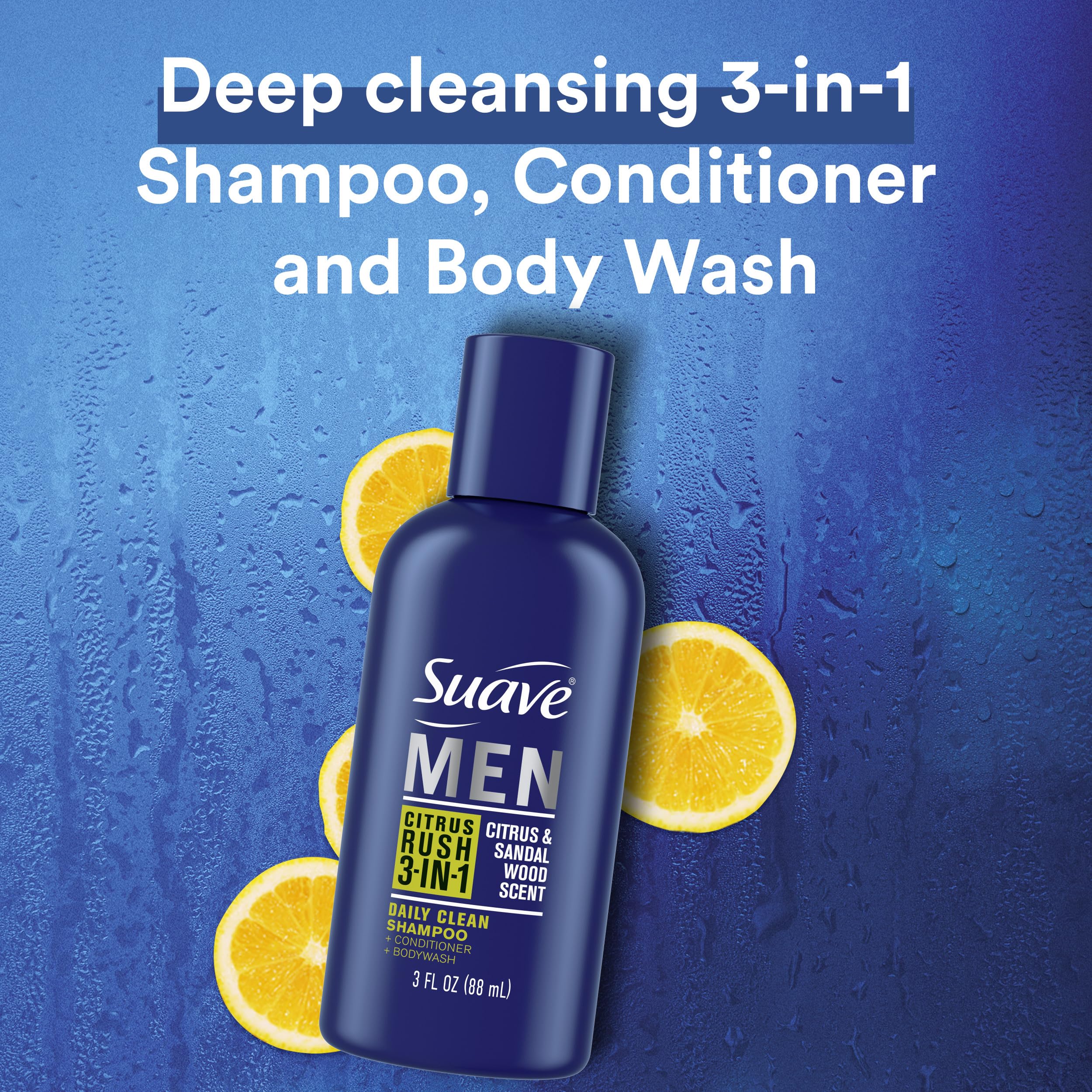 Close-up of Suave Men Citrus Rush label highlighting keratin-infused formula.