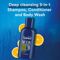 Close-up of Suave Men Citrus Rush label highlighting keratin-infused formula.