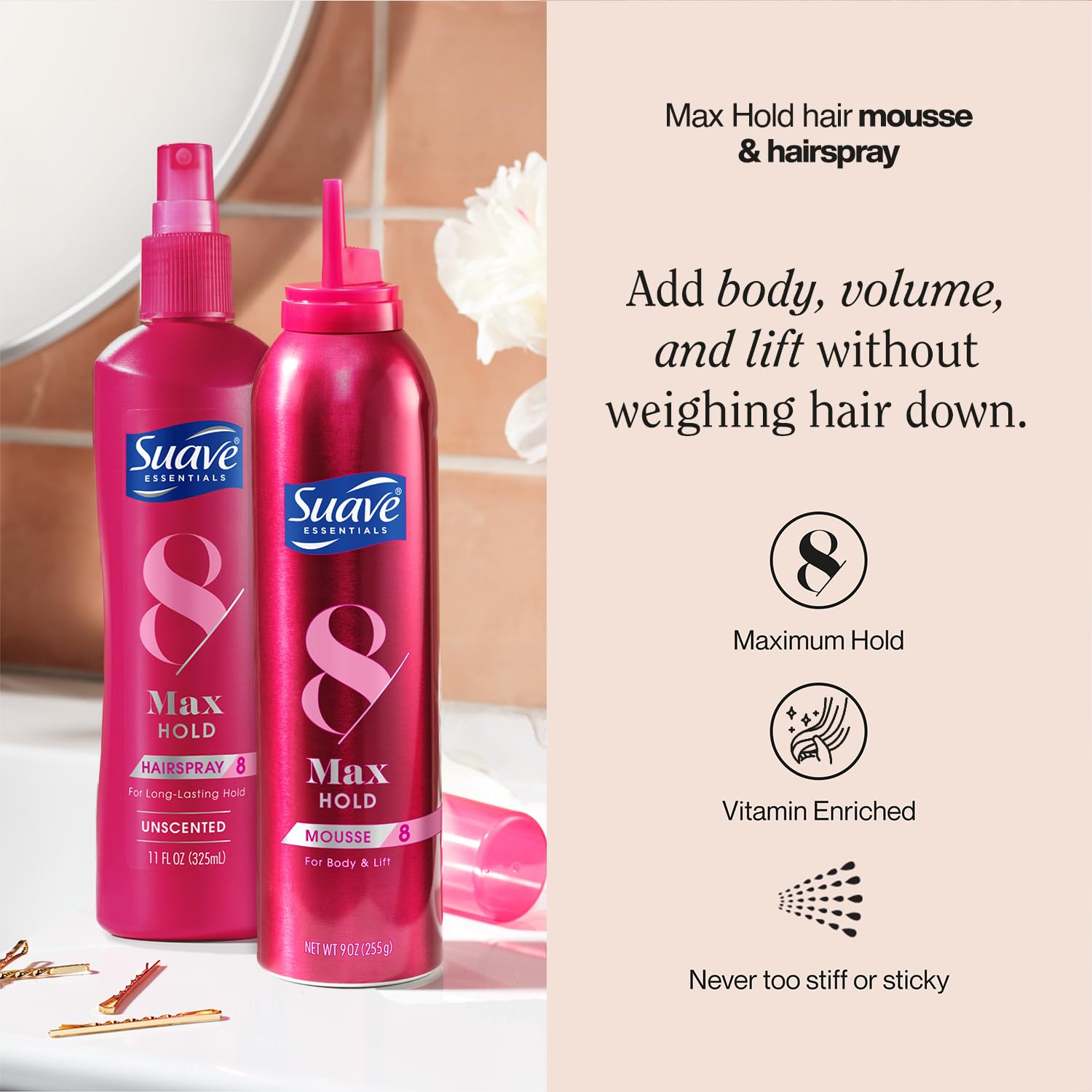 Suave mousse voluminizadora con vitaminas y proteínas para más volumen.