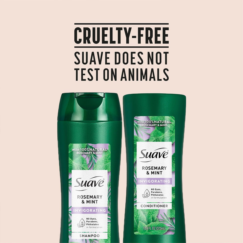Suave rosemary mint duo on bathroom shelf.