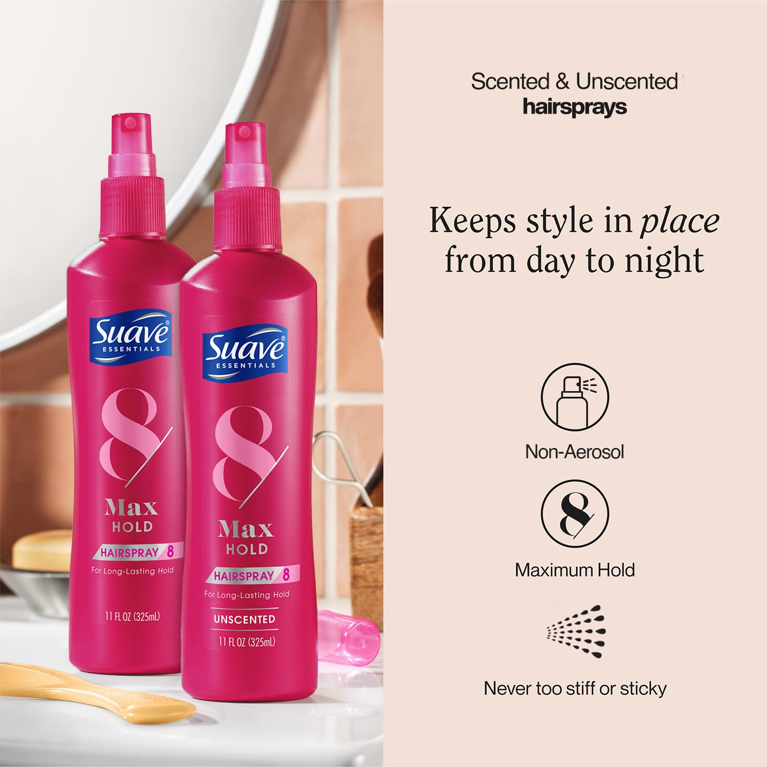 Spray para el cabello sin fragancia de Suave, ideal para uso diario.