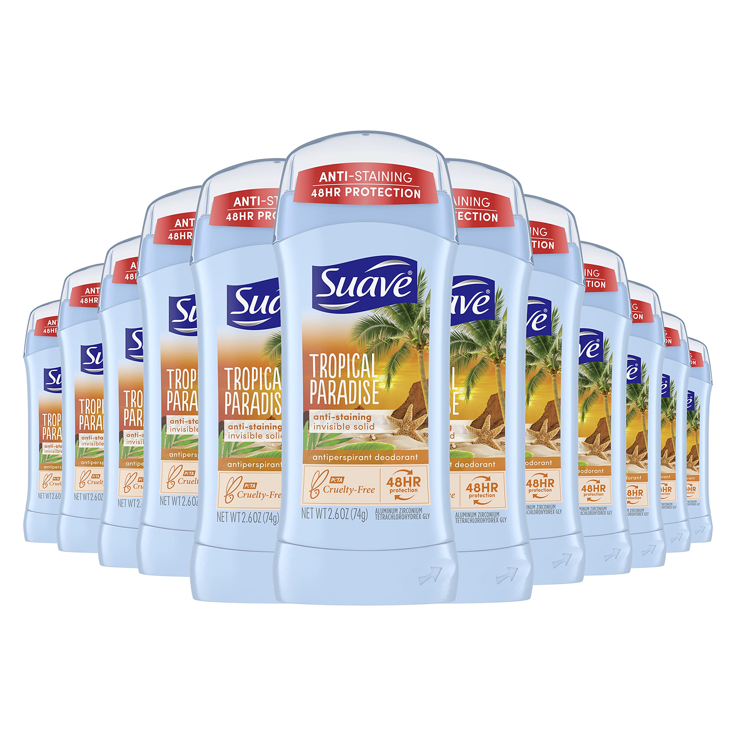 Desodorante invisible Suave Tropical Paradise en tubo, protección duradera sin manchas.