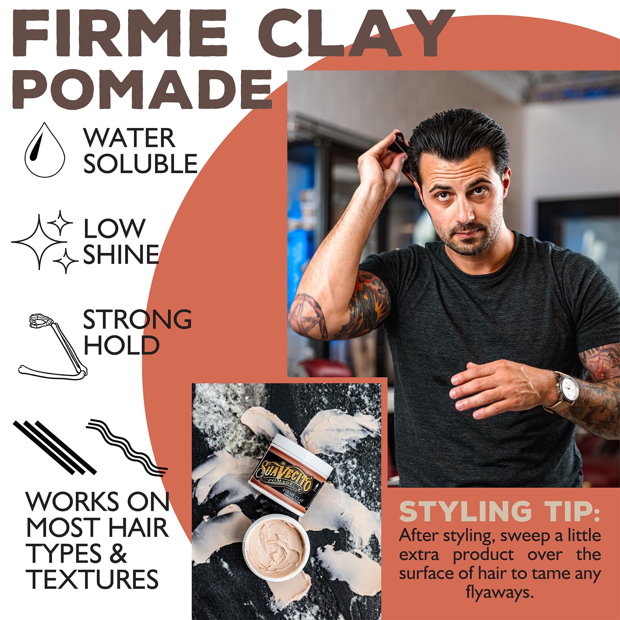 Fijación fuerte que resiste horas en peinados con Suavecito Firme Clay.