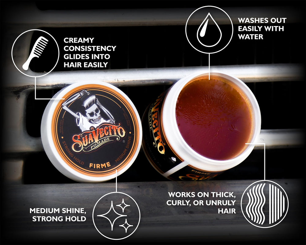Suavecito Pomade Firme: brillo moderado que realza el estilo.