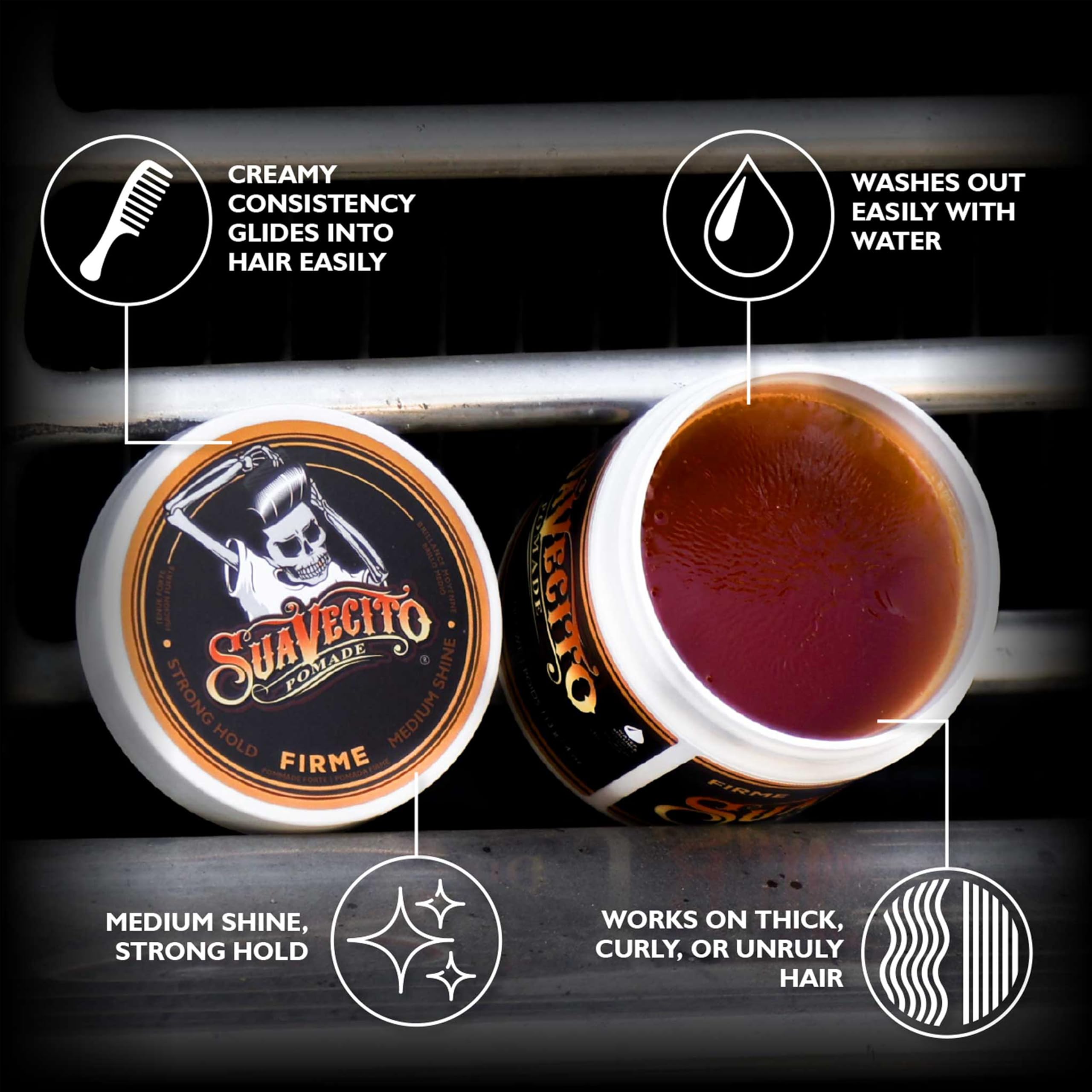 Scène de coiffage avec Suavecito Firme, mise en place rapide.