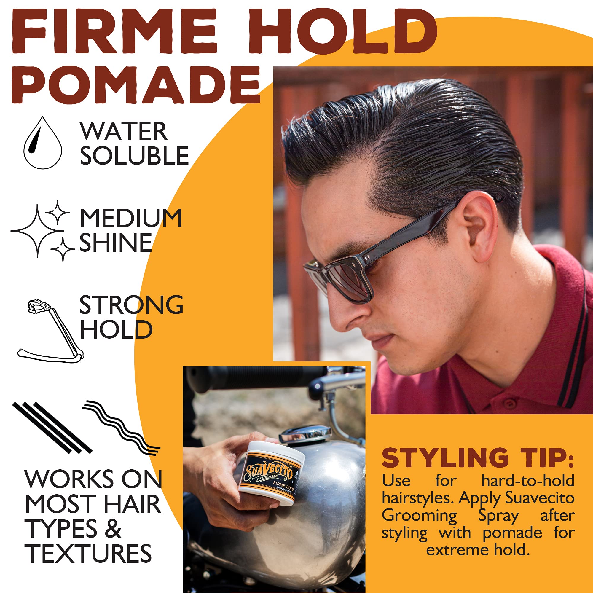 Paquete de 3 Suavecito Pomade Firme, solución práctica para varios peinados.