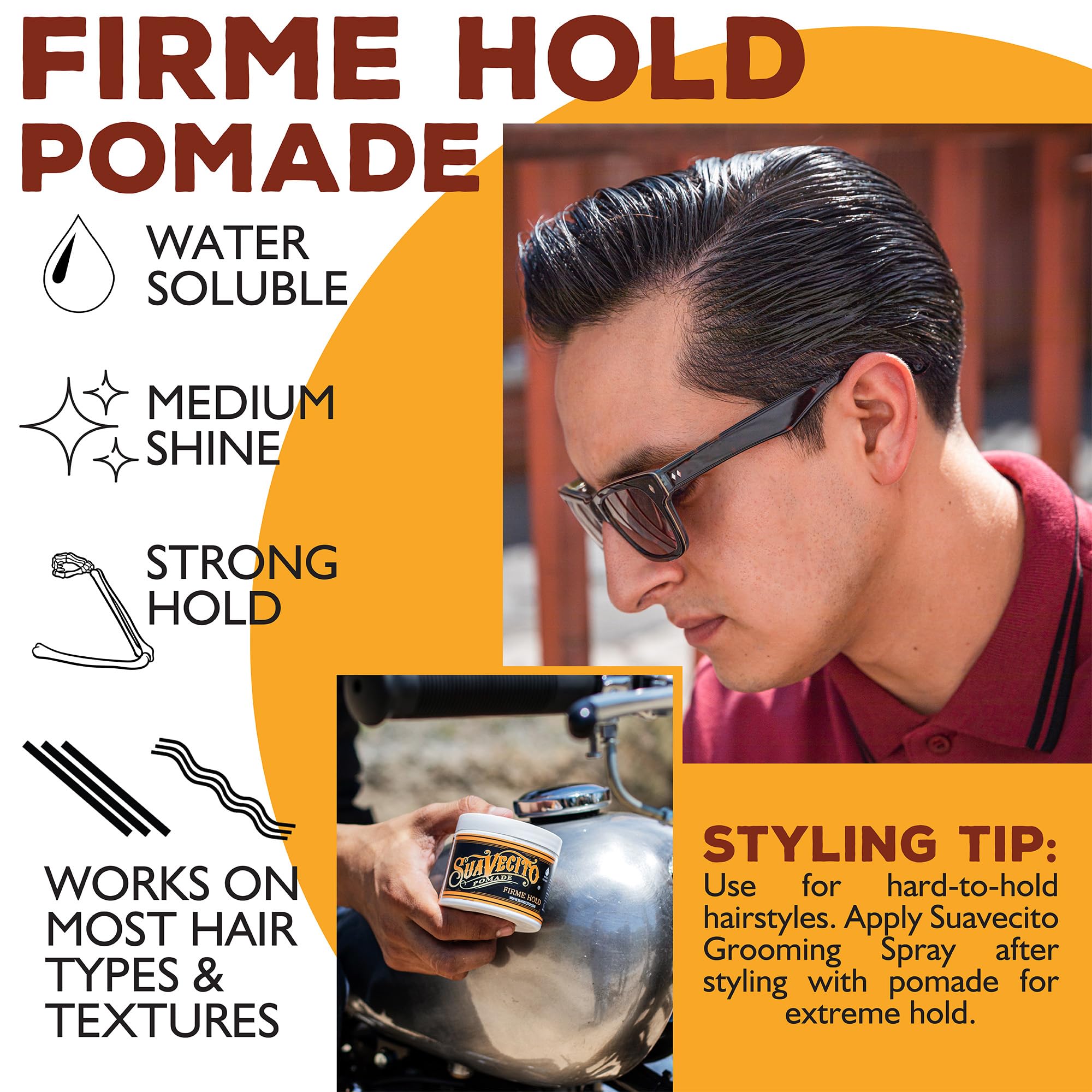 Suavecito Pomade Firme: adecuada para pelo grueso y estilos marcados.