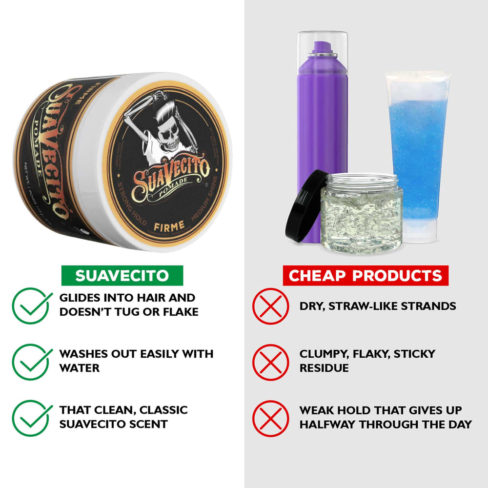 Pompadour stylé grâce à Suavecito Firme, maintien fiable toute la journée.