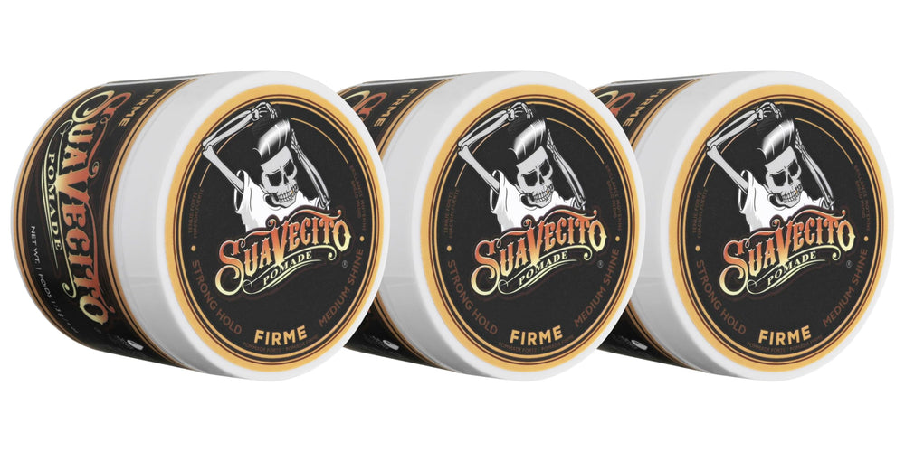 Suavecito Pomade Firme tarro 4 oz para fijación duradera en peinados.