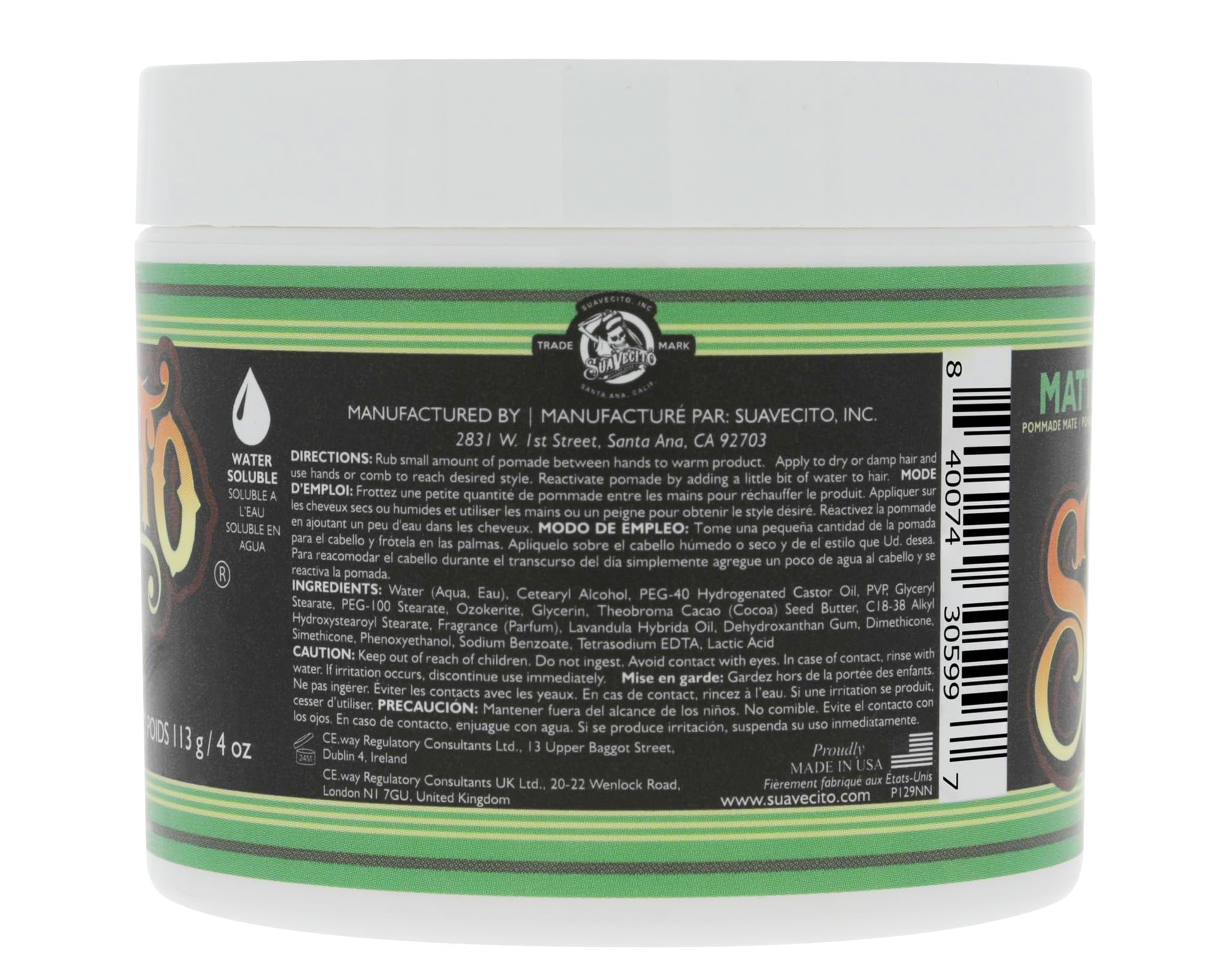 Suavecito Pomade Matte aplicación fácil para peinado rápido
