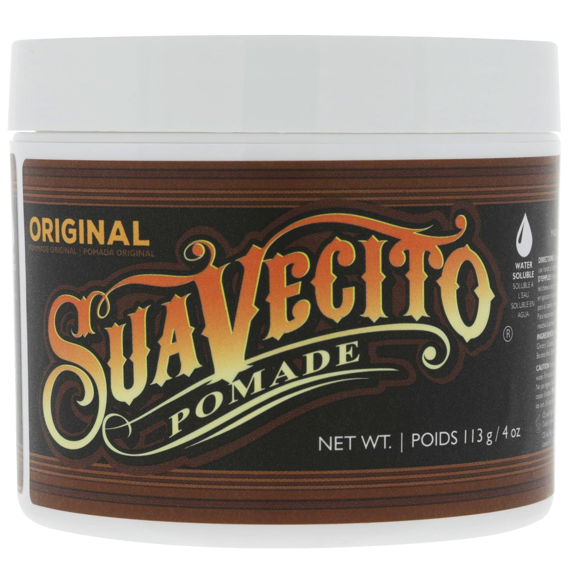 Pomada Suavecito Original Hold en bote 4 oz para fijación duradera durante el día.
