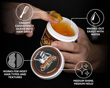 Mano aplicando Suavecito Original Hold para definición flexible.