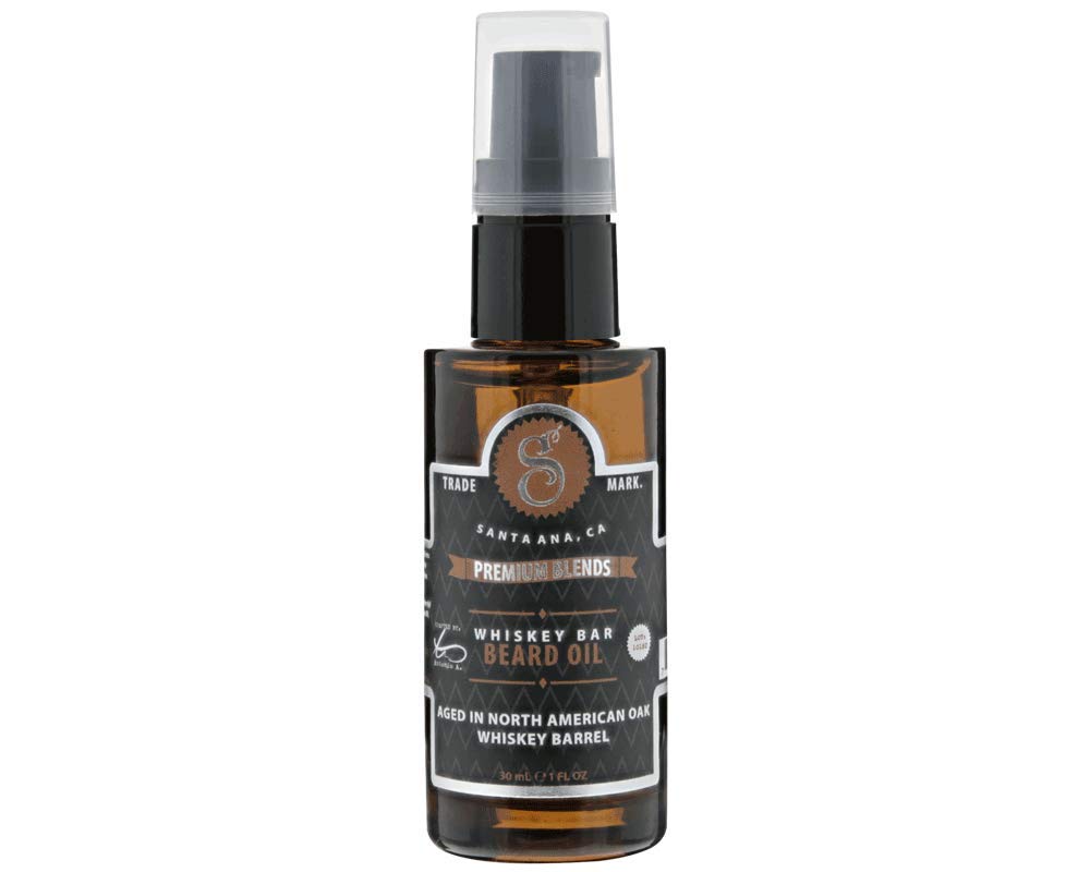 Suavecito Premium Blends beard oil whiskey bar pump application for softer facial hair