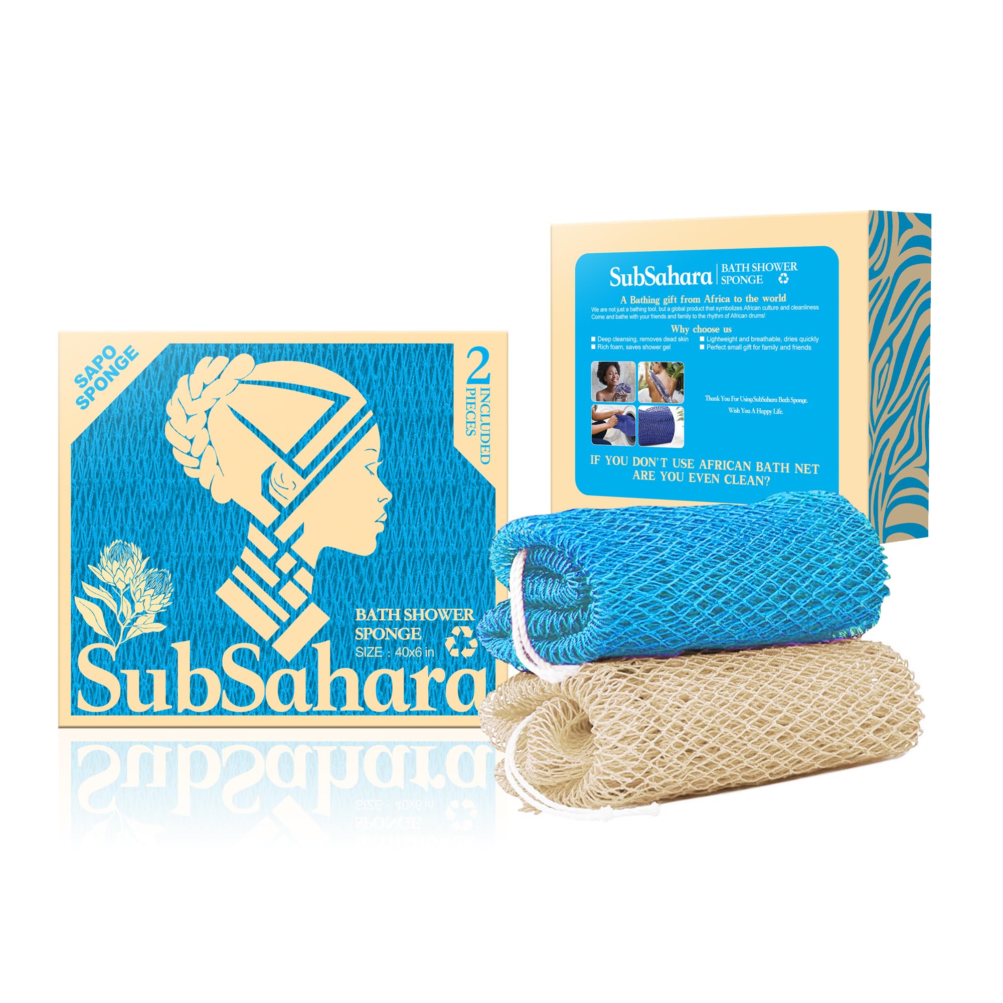 SubSahara esponja de red africana auténtica, dos paquetes para exfoliar suavemente la piel.