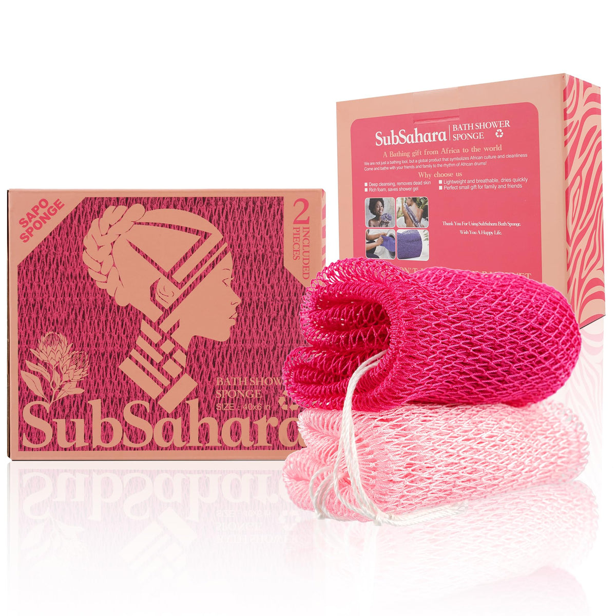 SubSahara esponja de red africana, textura exfoliante suave para piel sensible.