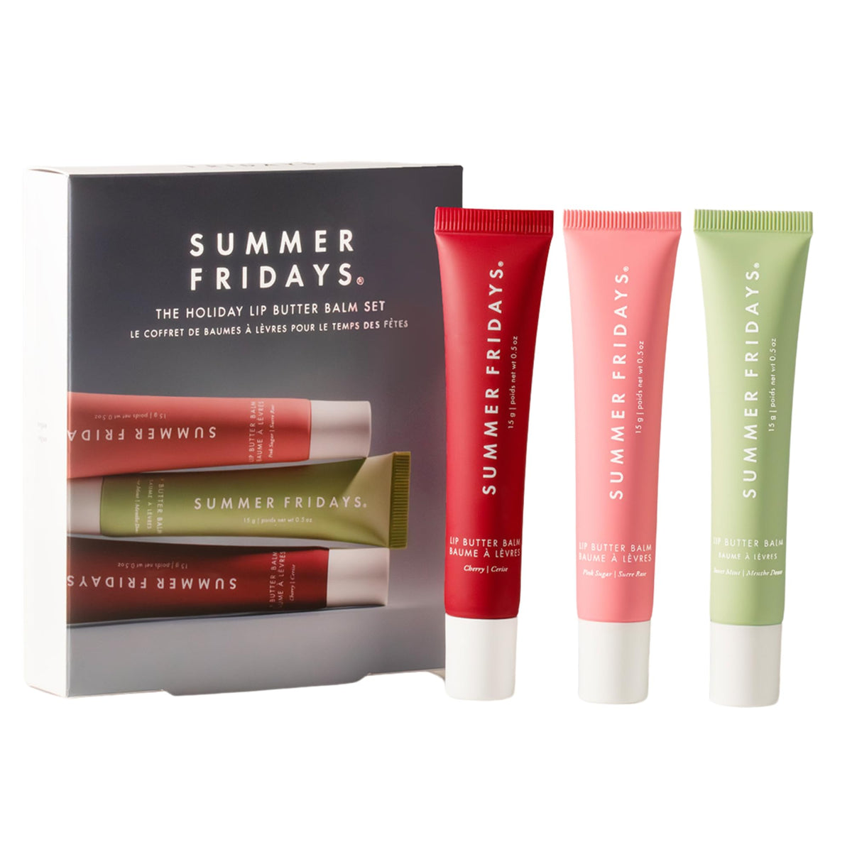 Set de bálsamos Summer Fridays en caja de edición limitada, hidratación instantánea para labios resecos.