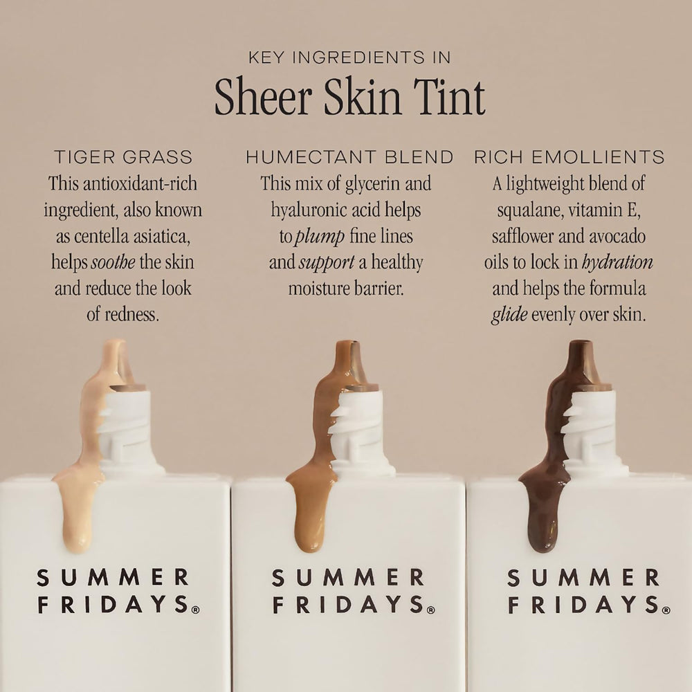 Ingredientes clave de Summer Fridays Sheer Skin Tint aportan hidratación y confort.