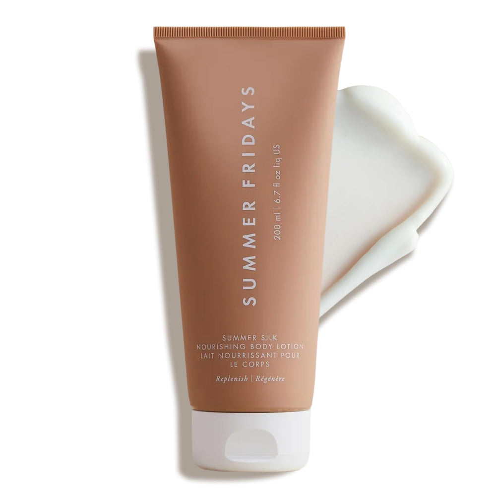 Frasco de Summer Fridays Summer Silk Nourishing Body Lotion para hidratación duradera.