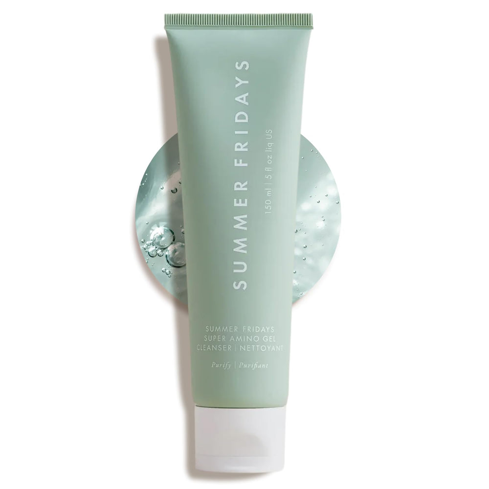 Botella de Summer Fridays Super Amino Gel Limpiador para limpieza suave y equilibrante.